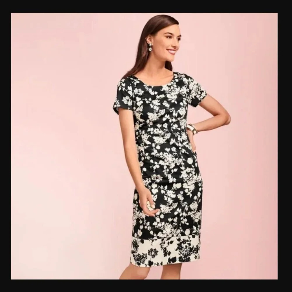 Talbots Black & White Floral business dress size 6 Sheath Midi Cap Sleeve